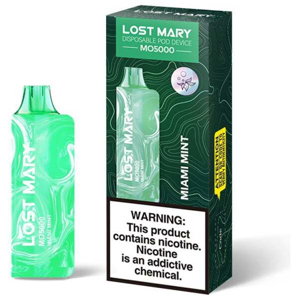 A 5ml Miami Mint Lost Mary MO5000 e-liquid vape by Vape4Less.