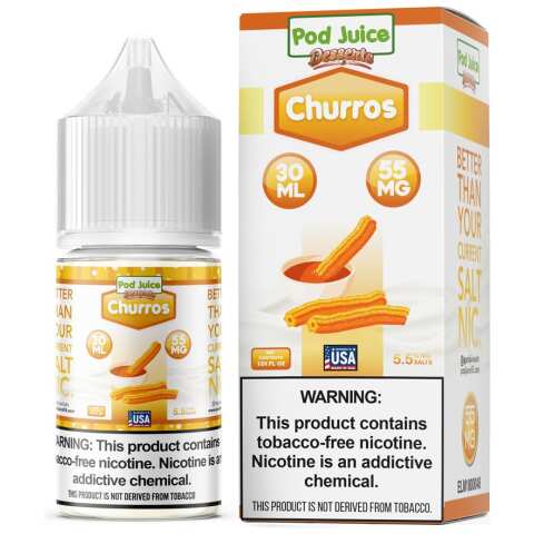 A 30ml bottle of Pod-Juice-DUO-Mockup-CHURROS-DESSERTS-30ml by Vape4Less.