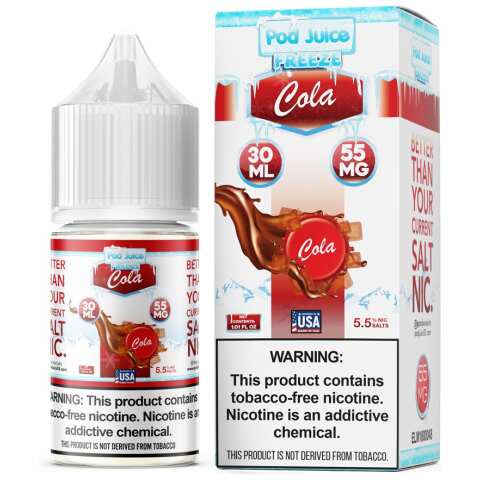 A 30ml bottle of Pod-Juice-DUO-Mockup-COLA-FREEZE-30ml by Vape4Less.