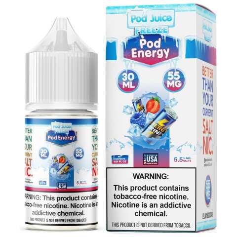 A 30ml bottle of Pod-Juice-DUO-Mockup-ENERGY-FREEZE-30ml by Vape4Less.