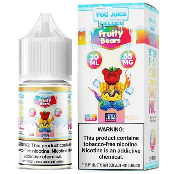 A 30ml bottle of Pod-Juice-DUO-Mockup-Fruity-Bears-Freeze-30ml by Vape4Less.