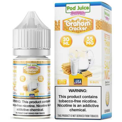 A 30ml bottle of Pod-Juice-DUO-Mockup-GRAHAM-DESSERTS-30ml by Vape4Less.