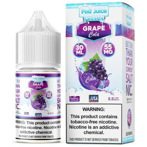 A 30ml bottle of Pod-Juice-DUO-Mockup-GRAPE-COLA-30ml by Vape4Less.