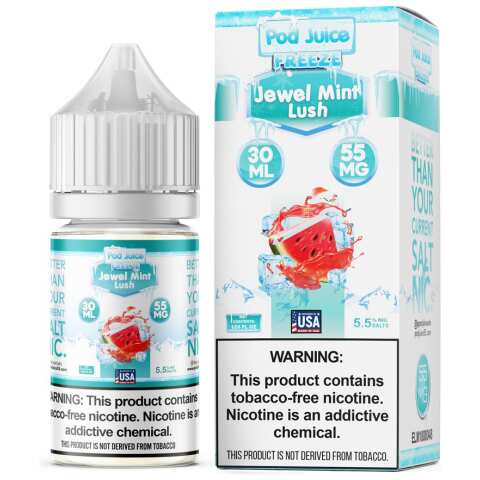 A 30ml bottle of Jewel Mint Lush Freeze Pod Juice jewel mint lush freeze flavor e-liquid by Vape4Less.