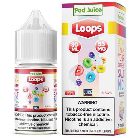 A 30ml bottle of Loops Pod Juice loops flavor e-liquid by Vape4Less.