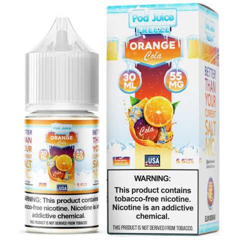 A 30ml bottle of Orange Cola Freeze Pod Juice orange cola freeze flavor e-liquid by Vape4Less.