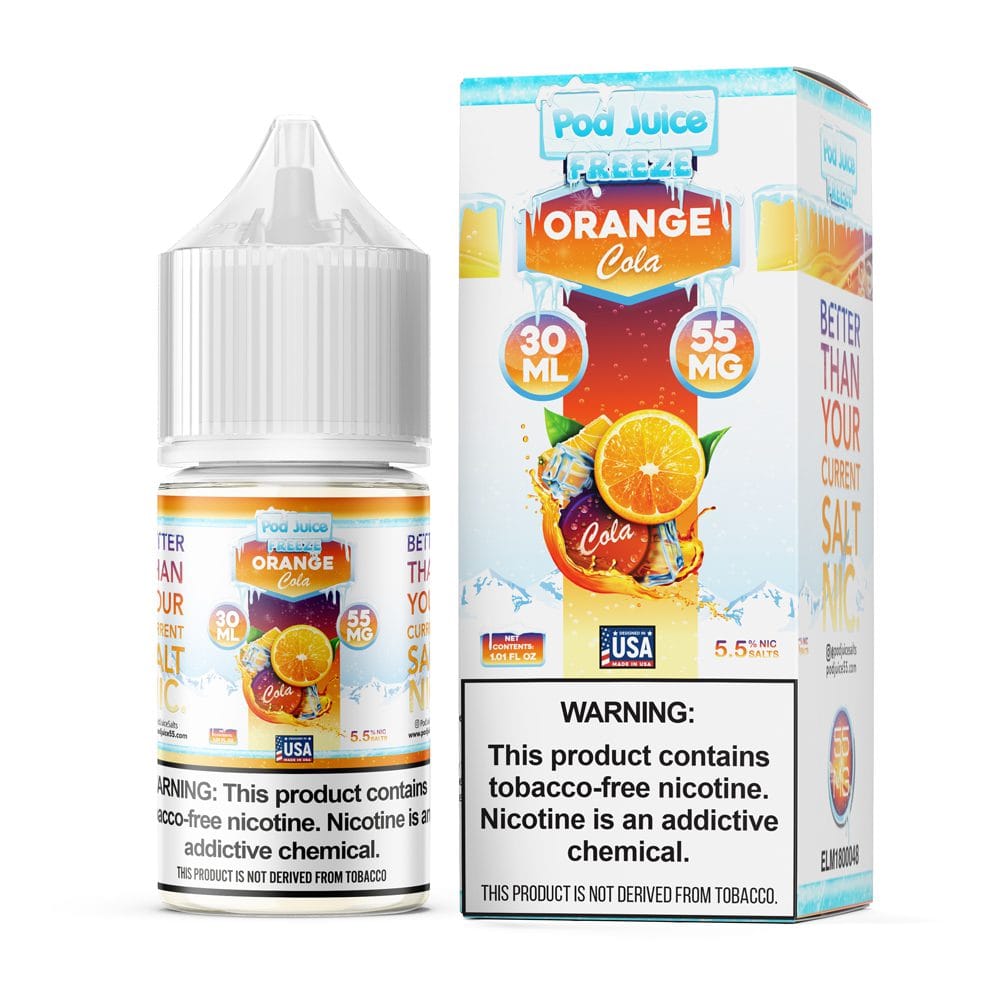 A 30ml bottle of Orange Cola Freeze Pod Juice orange cola freeze flavor e-liquid by Vape4Less.