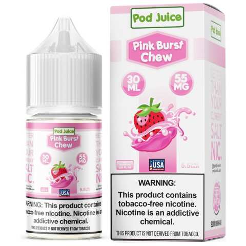 A 30ml bottle of Pink Burst Chew Pod Juice pink burst chew flavor e-liquid by Vape4Less.