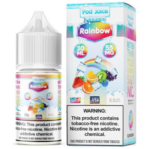 A 30ml bottle of Rainbow Freeze Pod Juice rainbow freeze flavor e-liquid by Vape4Less.