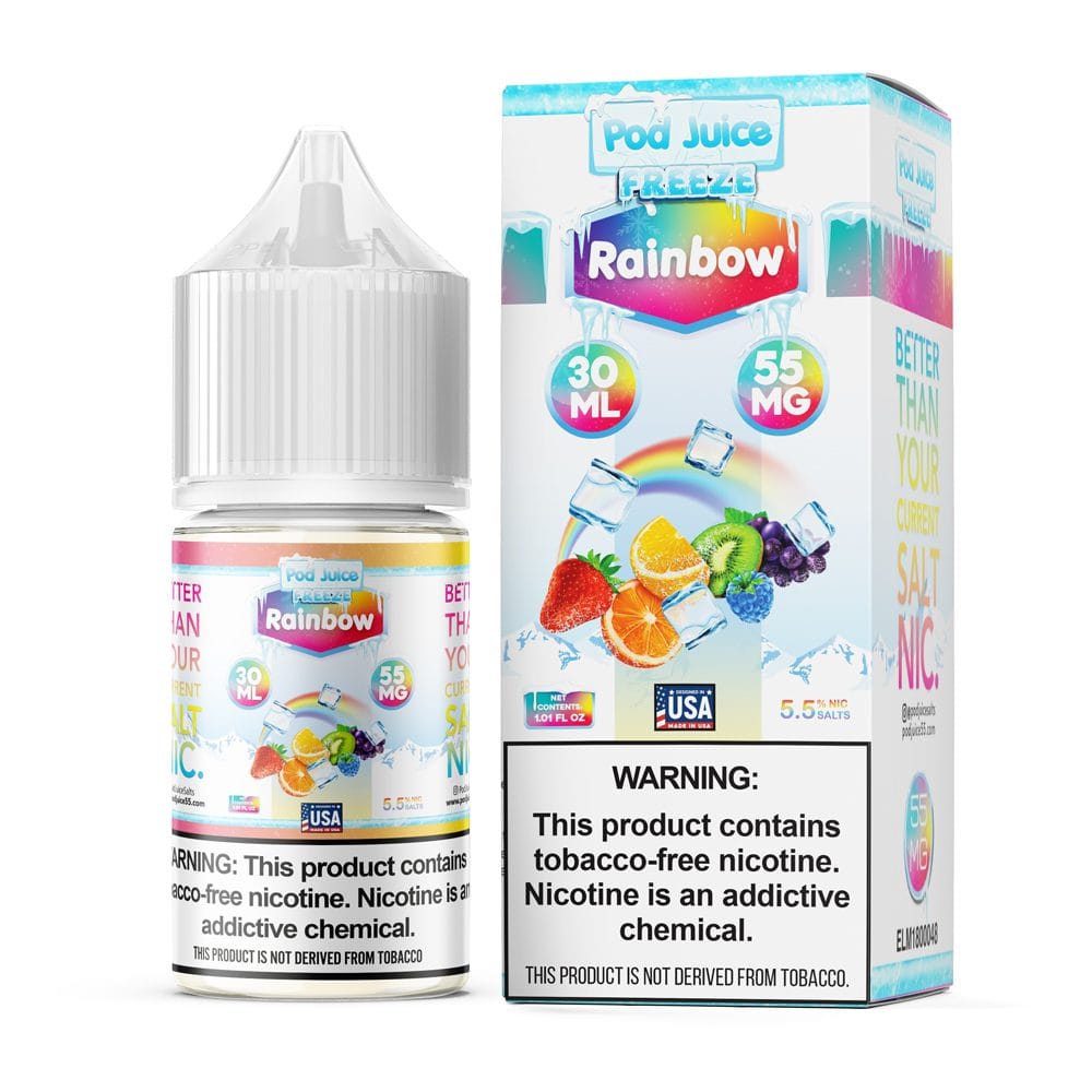 A 30ml bottle of Rainbow Freeze Pod Juice rainbow freeze flavor e-liquid by Vape4Less.