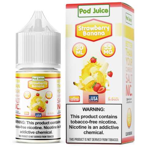 A 30ml bottle of Strawberry Banana Pod Juice strawberry banana flavor e-liquid by Vape4Less.