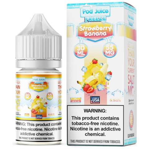 A 30ml bottle of Strawberry Banana Freeze Pod Juice strawberry banana freeze flavor e-liquid by Vape4Less.