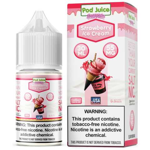 A 30ml bottle of Strawberry Ice Cream Pod Juice strawberry ice cream flavor e-liquid by Vape4Less.