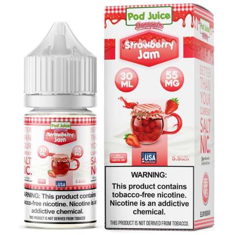 A 30ml bottle of Strawberry Jam Pod Juice strawberry jam flavor e-liquid by Vape4Less.