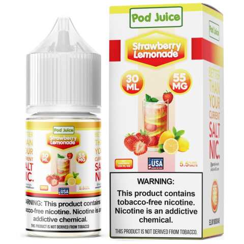 A 30ml bottle of Strawberry Lemonade Pod Juice strawberry lemonade flavor e-liquid by Vape4Less.