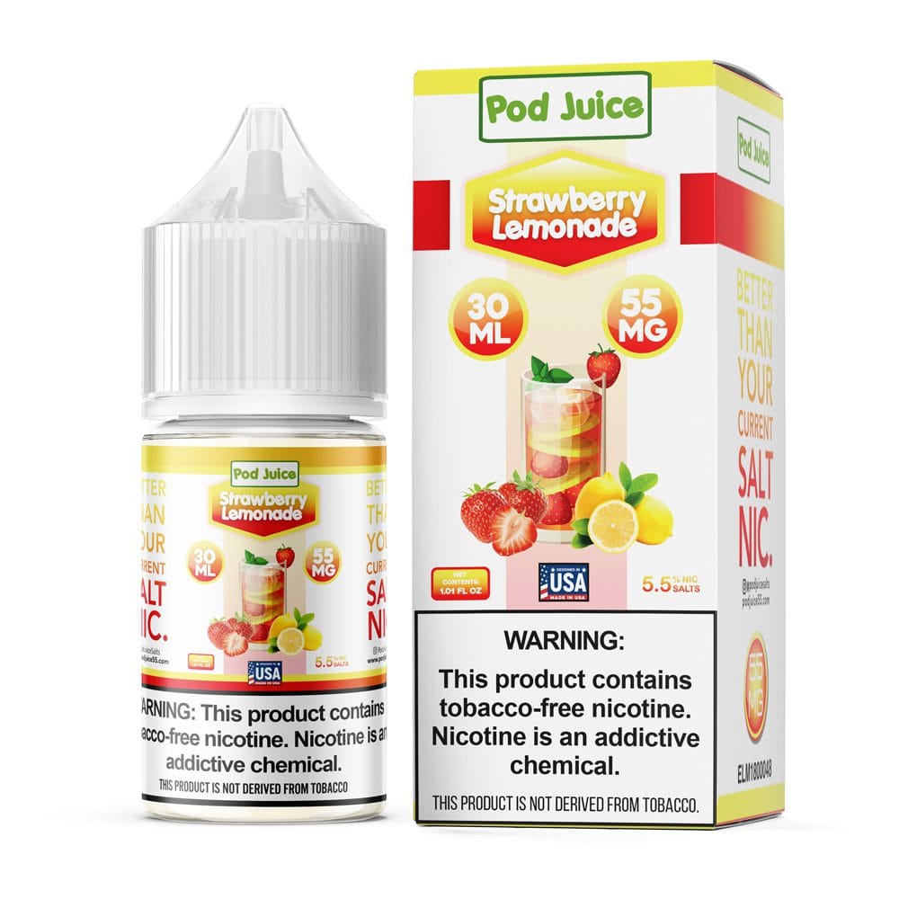 A 30ml bottle of Strawberry Lemonade Pod Juice strawberry lemonade flavor e-liquid by Vape4Less.