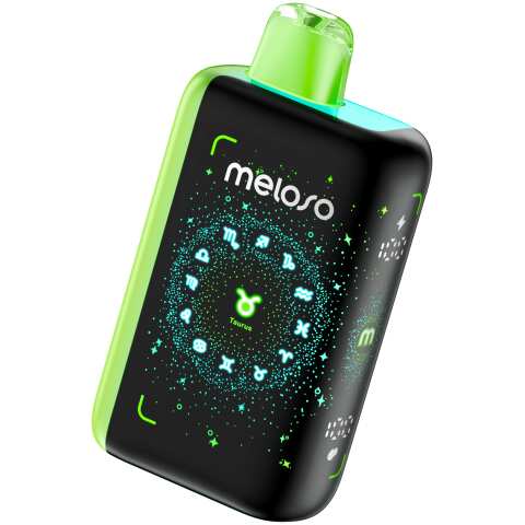 A 18ml Meloso Geek Bar 30K vape device with a neon green and black design, featuring astrological symbols and the Taurus sign illuminated. by Vape4Less.