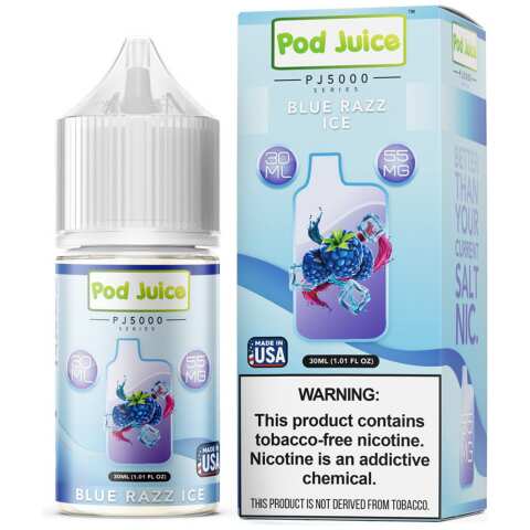A 30ml bottle of Blue Razz Ice Pod Juice blue razz ice flavor e-liquid by Vape4Less.