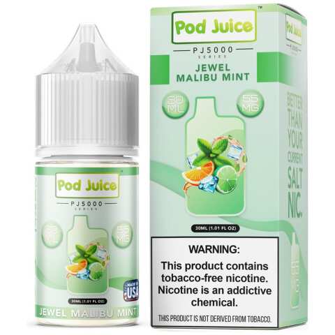 A 30ml bottle of Jewel Malibu Mint Pod Juice 30mL bottle featuring a tropical fruit and mint flavor combination. by Vape4Less.