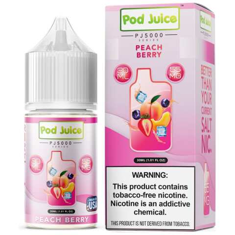 A 30ml bottle of Peach Berry Pod Juice peach berry flavor e-liquid by Vape4Less.