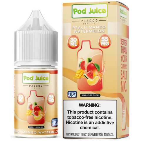 A 30ml bottle of Peach Mango Watermelon Pod Juice 30mL bottle with a tropical mix of peach, mango, and watermelon flavors by Vape4Less.