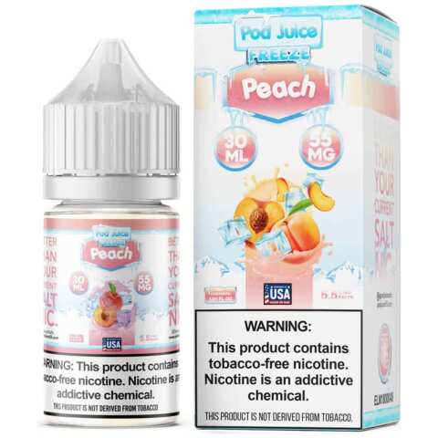 A 30ml bottle of Peach Freeze Pod Juice peach freeze flavor e-liquid by Vape4Less.
