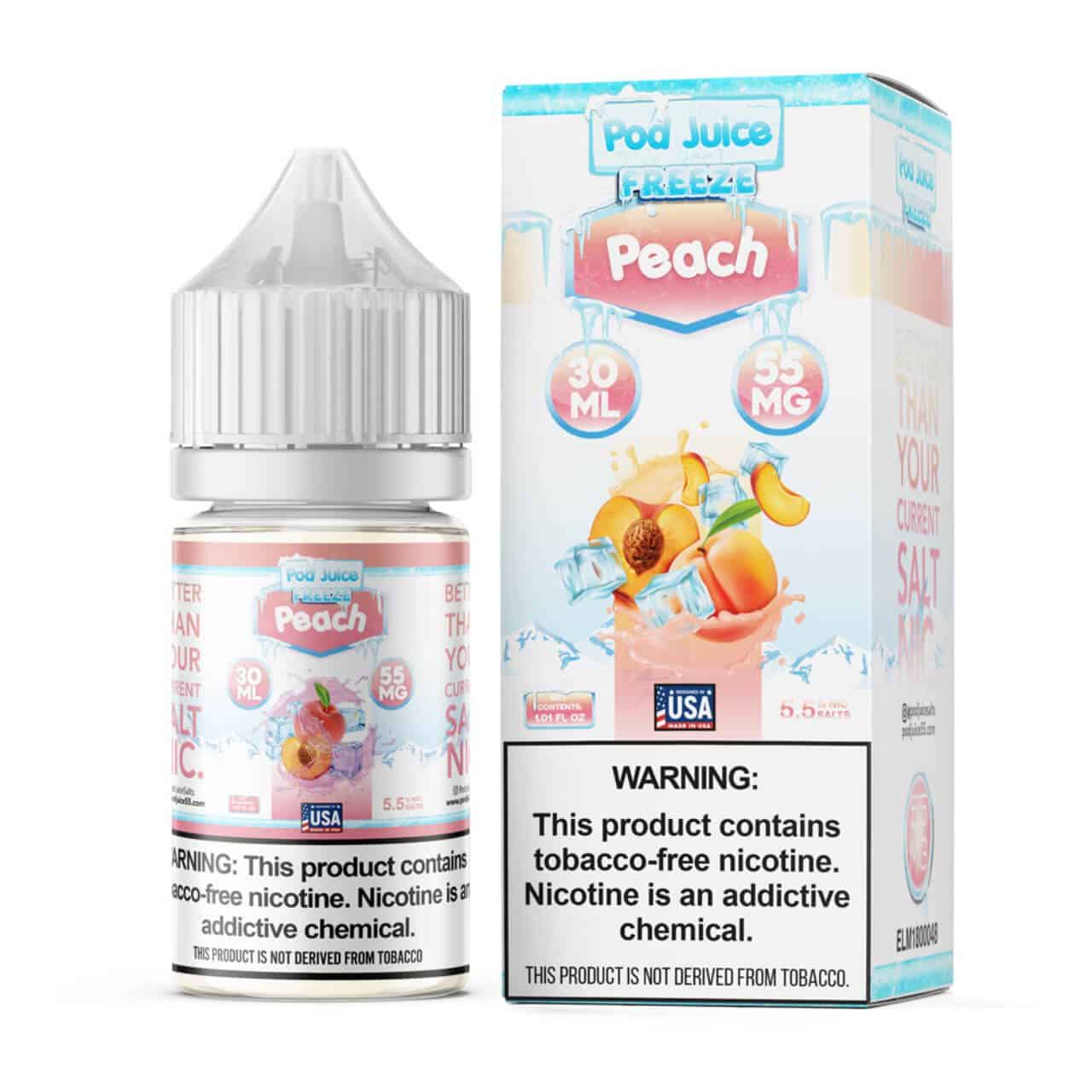 A 30ml bottle of Peach Freeze Pod Juice peach freeze flavor e-liquid by Vape4Less.