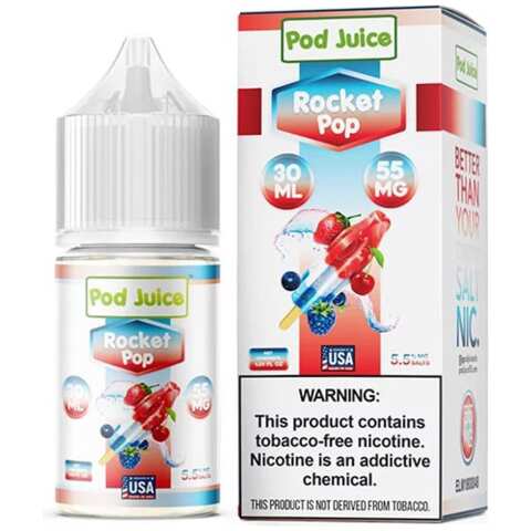 A 30ml bottle of Rocket Pop Pod Juice rocket pop flavor e-liquid by Vape4Less.