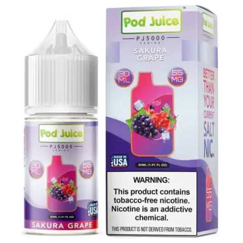 A 30ml bottle of Sakura Grape Pod Juice sakura grape flavor e-liquid by Vape4Less.