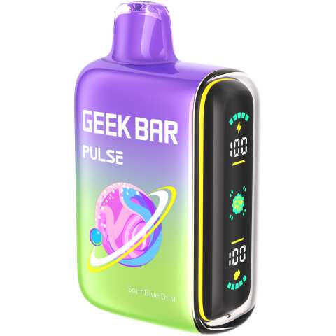 A 16ml Sour Blue Dust Geek Bar Pulse featuring sweet blueberry and zesty lemonade flavors. by Vape4Less.