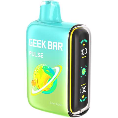 A 16ml Sour Gush Geek Bar Pulse featuring sour cherry, raspberry, and lime flavors. by Vape4Less.