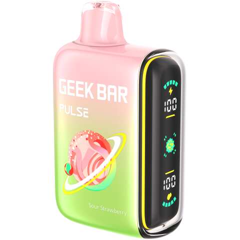 A 16ml Sour Strawberry Geek Bar Pulse featuring the sweet and tangy flavor of ripe strawberries. by Vape4Less.