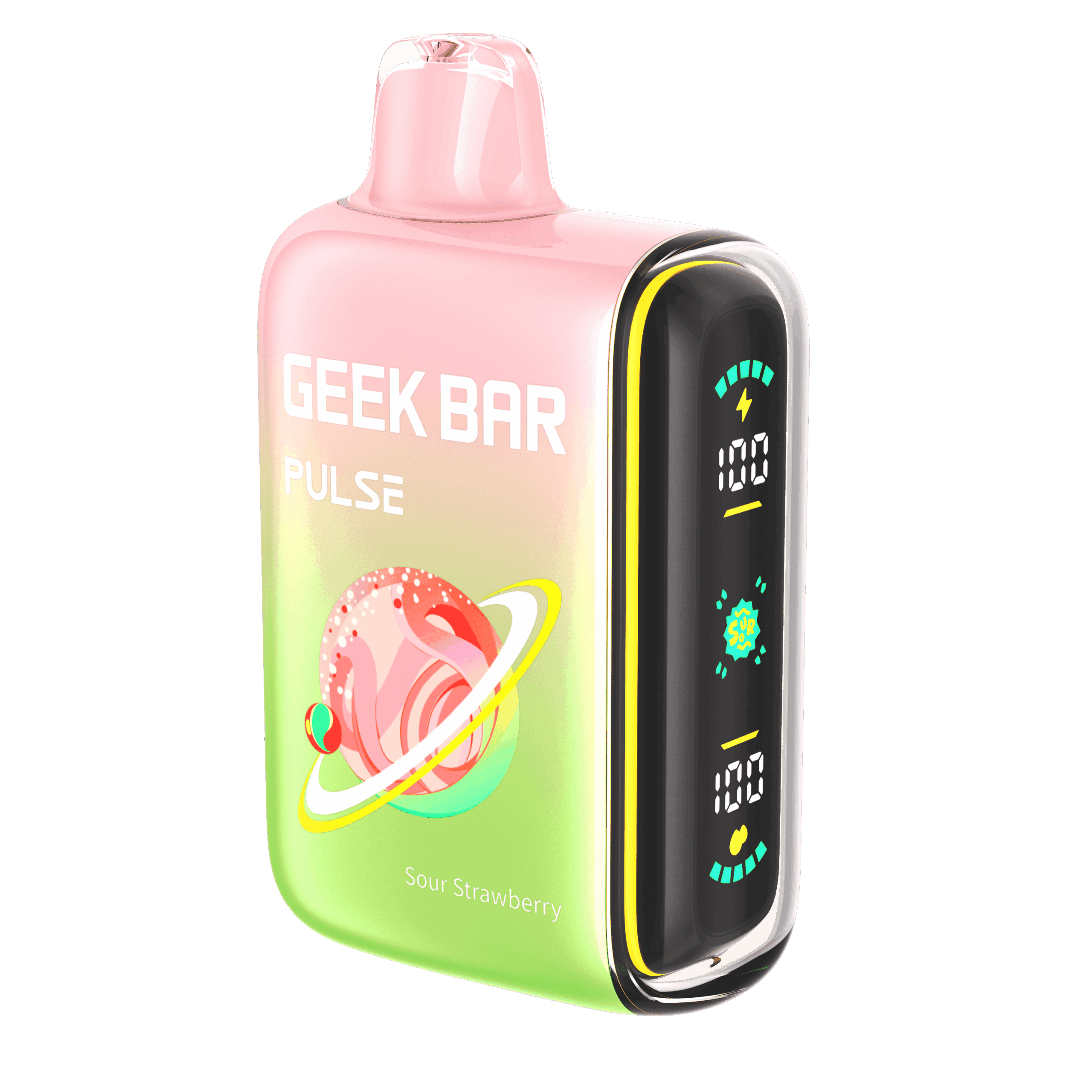 A 16ml Sour Strawberry Geek Bar Pulse featuring the sweet and tangy flavor of ripe strawberries. by Vape4Less.