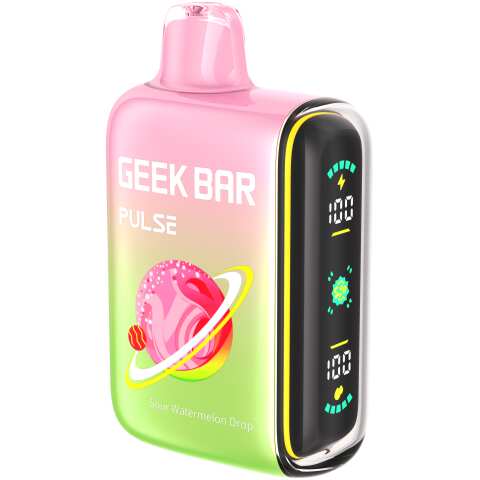 A 16ml Sour Watermelon Drop Geek Bar Pulse featuring tangy and juicy sour watermelon flavors. by Vape4Less.