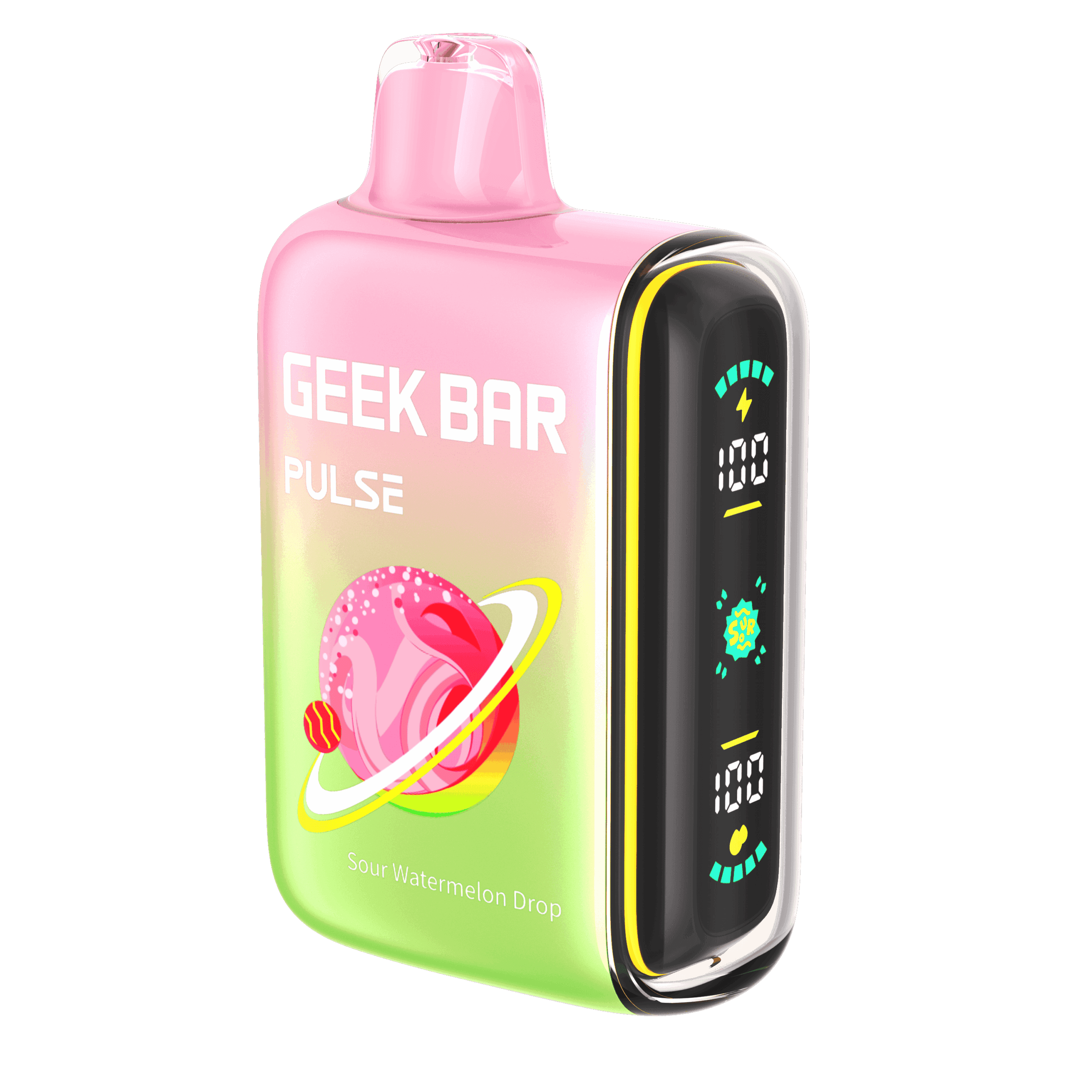 A 16ml Sour Watermelon Drop Geek Bar Pulse featuring tangy and juicy sour watermelon flavors. by Vape4Less.