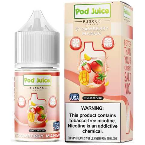 A 30ml bottle of Strawberry Mango Pod Juice 30mL bottle featuring a sweet and tropical blend of strawberry and mango flavors. by Vape4Less.