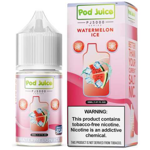 A 30ml bottle of Watermelon Ice Pod Juice watermelon ice flavor e-liquid by Vape4Less.