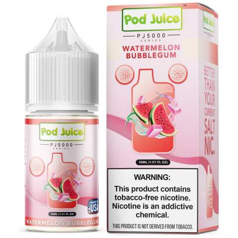 A 30ml bottle of Watermelon Bubblegum Pod Juice watermelon bubblegum flavor e-liquid by Vape4Less.