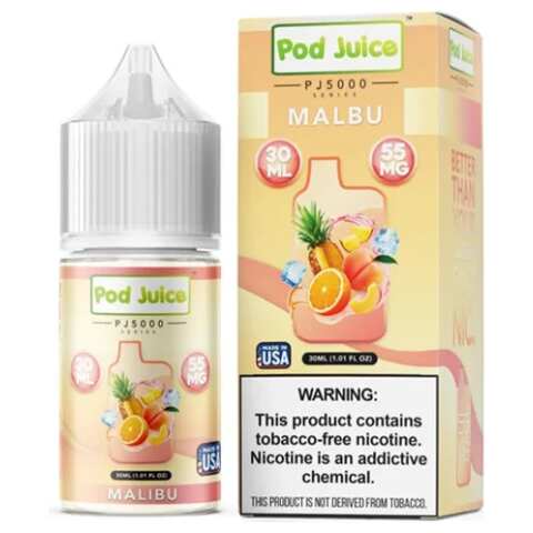 A 30ml bottle of Malibu Pod Juice 30mL bottle featuring a tropical flavor blend of pineapple and coconut. by Vape4Less.