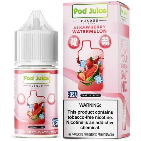 A 30ml bottle of Strawberry Watermelon Pod Juice 30mL bottle featuring a sweet blend of strawberry and watermelon flavors. by Vape4Less.