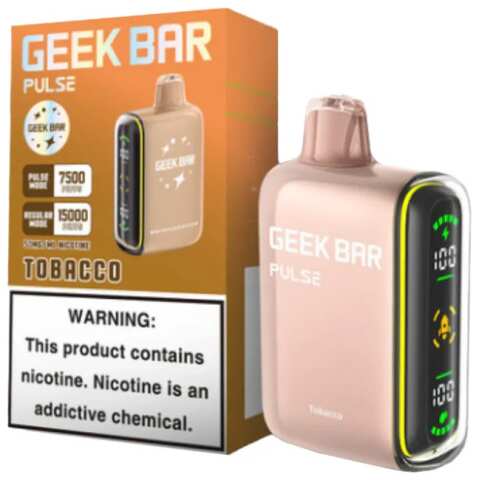 A 16ml Tobacco Geek Bar Pulse offers a rich and smooth tobacco flavor, delivering a classic, full-bodied experience. Perfect for those who enjoy the deep and earthy notes of traditional tobacco with a refined finish. by Vape4Less.