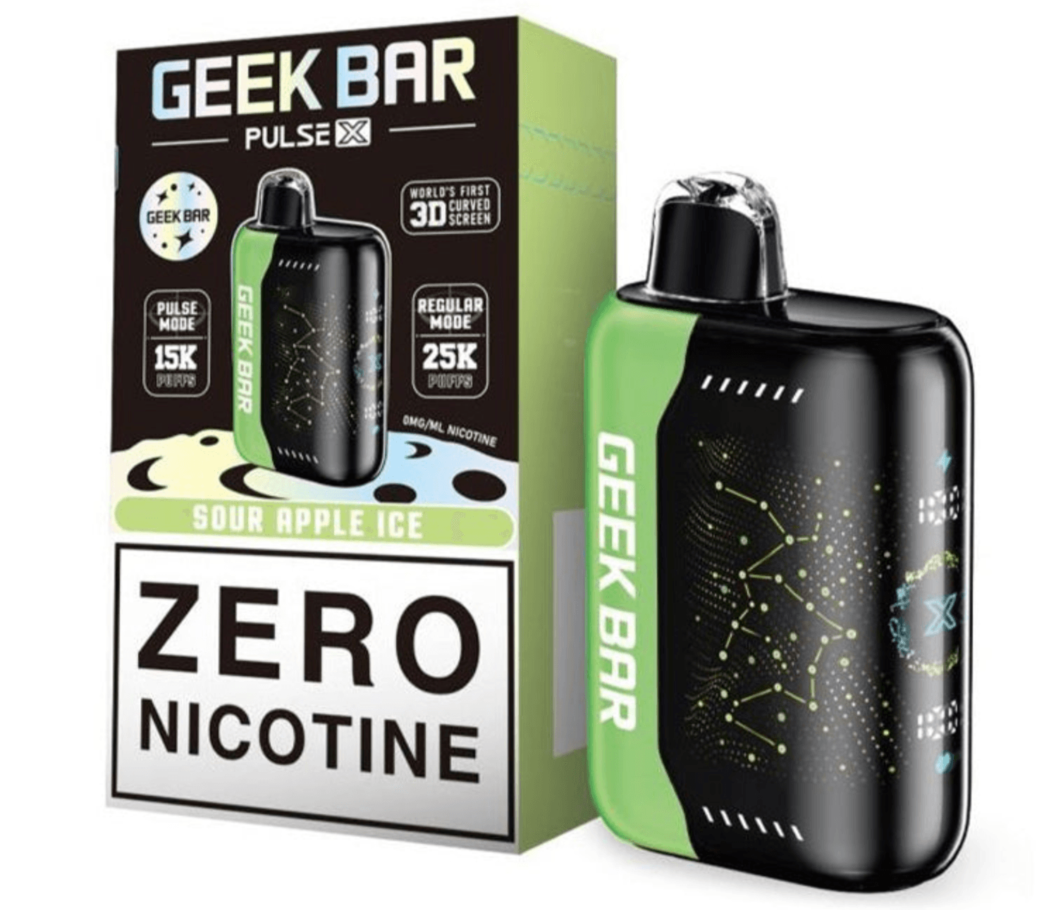 A 18ml Sour Apple Ice Geek Bar Pulse X 25K Zero Nicotine – Crisp Green Apple Menthol Vape by Vape4Less.