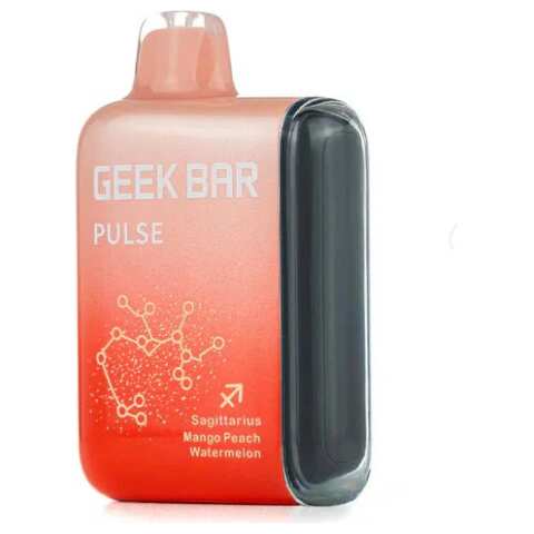 A 16ml Mango Peach Watermelon Geek Bar Pulse combines ripe mango with peach, all balanced by refreshing splash of watermelon —up to 15,000 puffs of fruity delight. by Vape4Less.