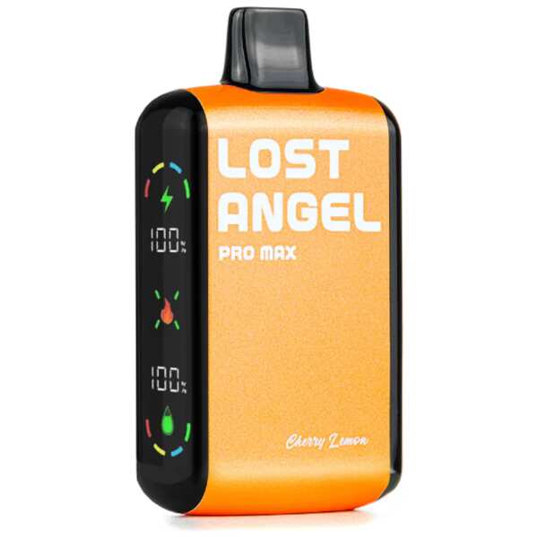 A 16ml Cherry Lemon Lost Angel Pro Max 20K disposable vape with cherry and lemon fruit graphics on a sleek device. by Vape4Less.
