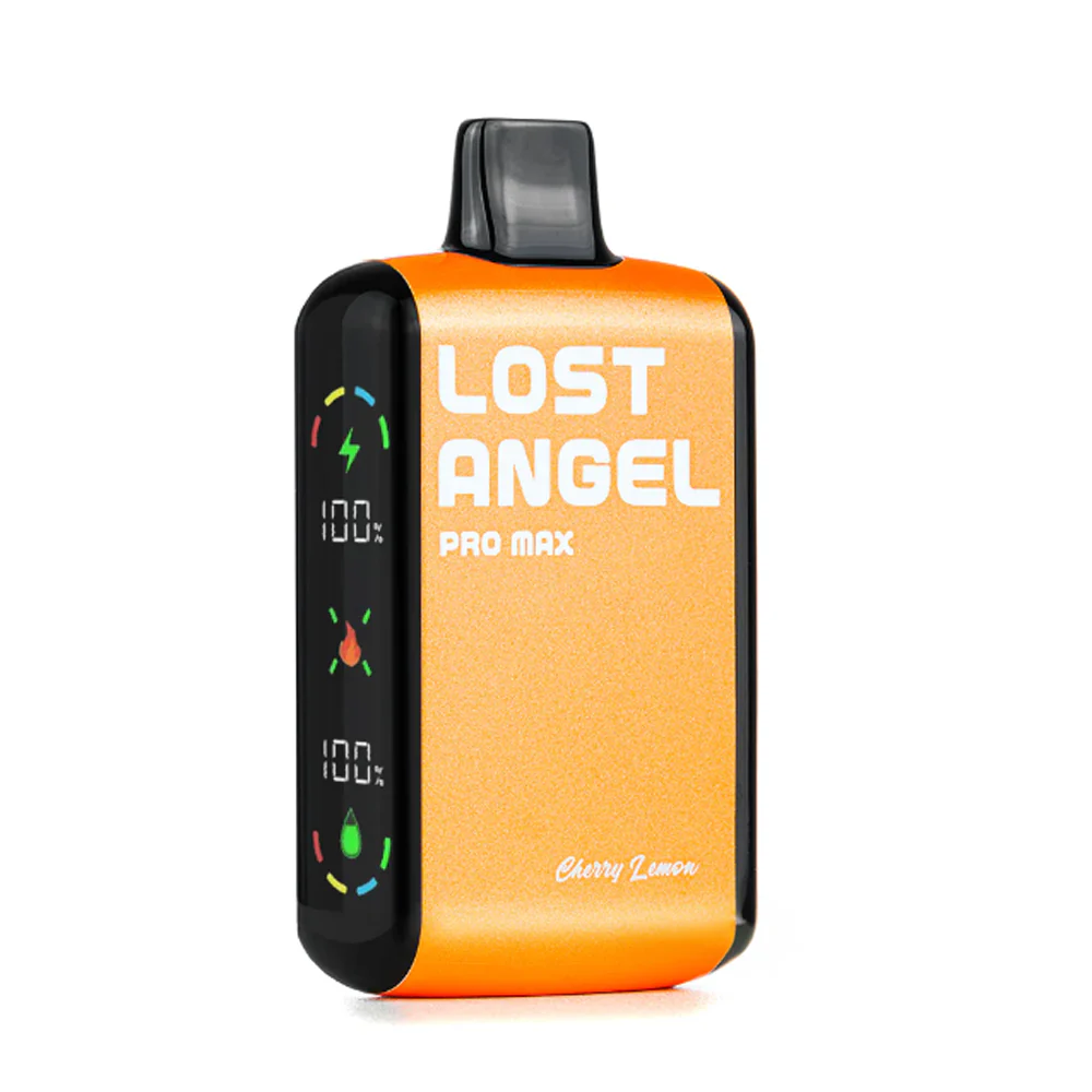 Cherry Lemon Lost Angel Pro Max 20K A 16ml Cherry Lemon Lost Angel Pro Max 20K disposable vape with cherry and lemon fruit graphics on a sleek device. by Vape4Less.