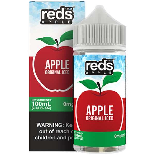 A 100ml bottle of Original Iced Apple Reds 100ml vape juice bottle by Vape4Less.