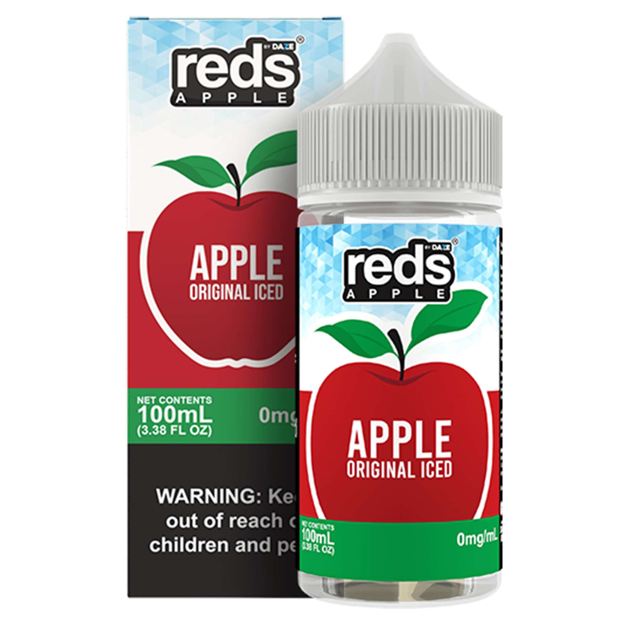 A 100ml bottle of Original Iced Apple Reds 100ml vape juice bottle by Vape4Less.