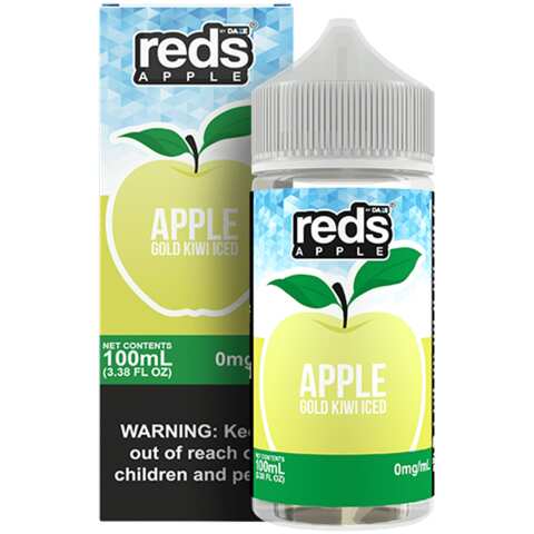 A 100ml bottle of Gold Kiwi Iced Apple Reds 100ml vape juice bottle by Vape4Less.
