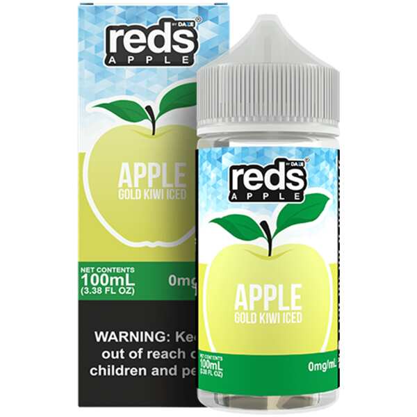 A 100ml bottle of Gold Kiwi Iced Apple Reds 100ml vape juice bottle by Vape4Less.