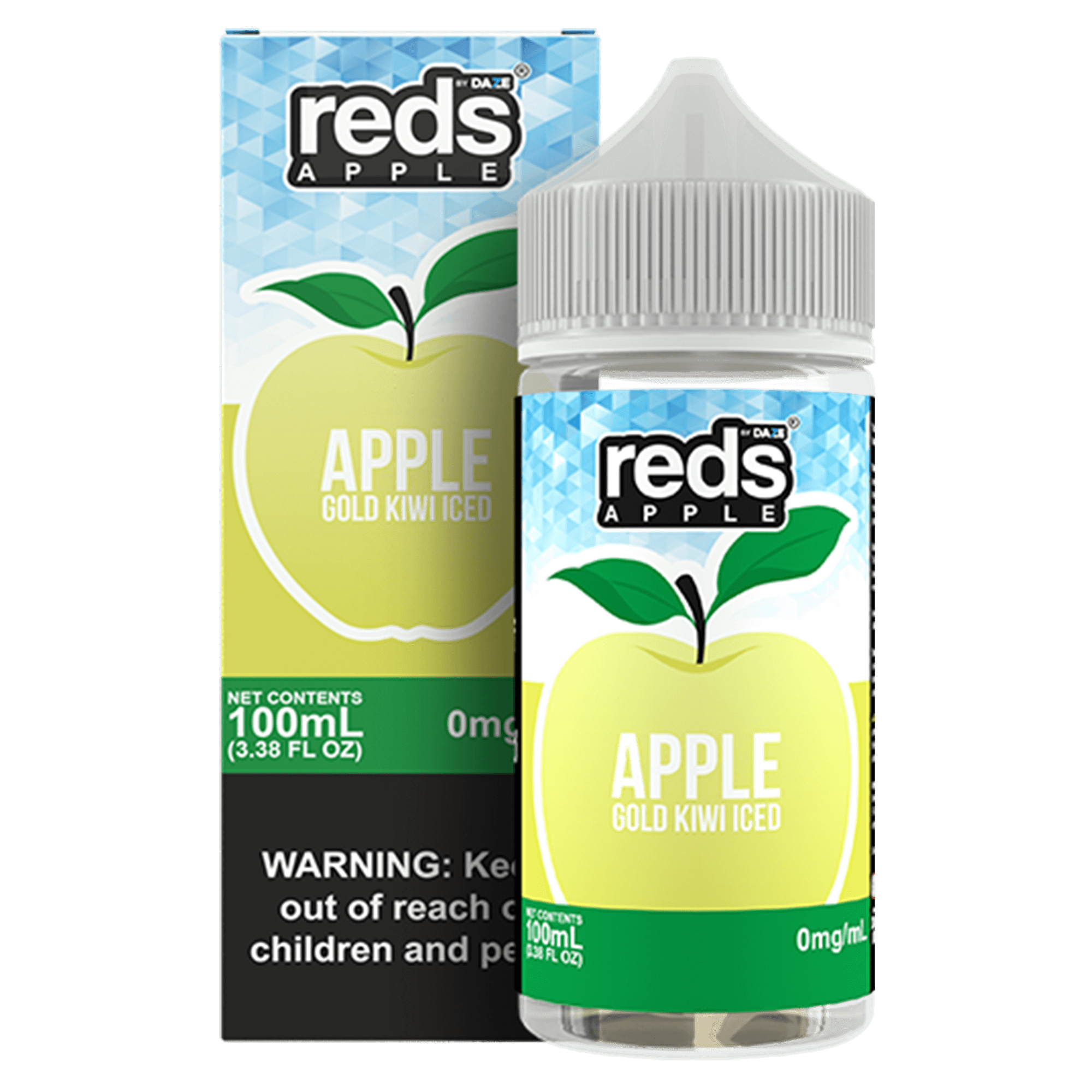 A 100ml bottle of Gold Kiwi Iced Apple Reds 100ml vape juice bottle by Vape4Less.